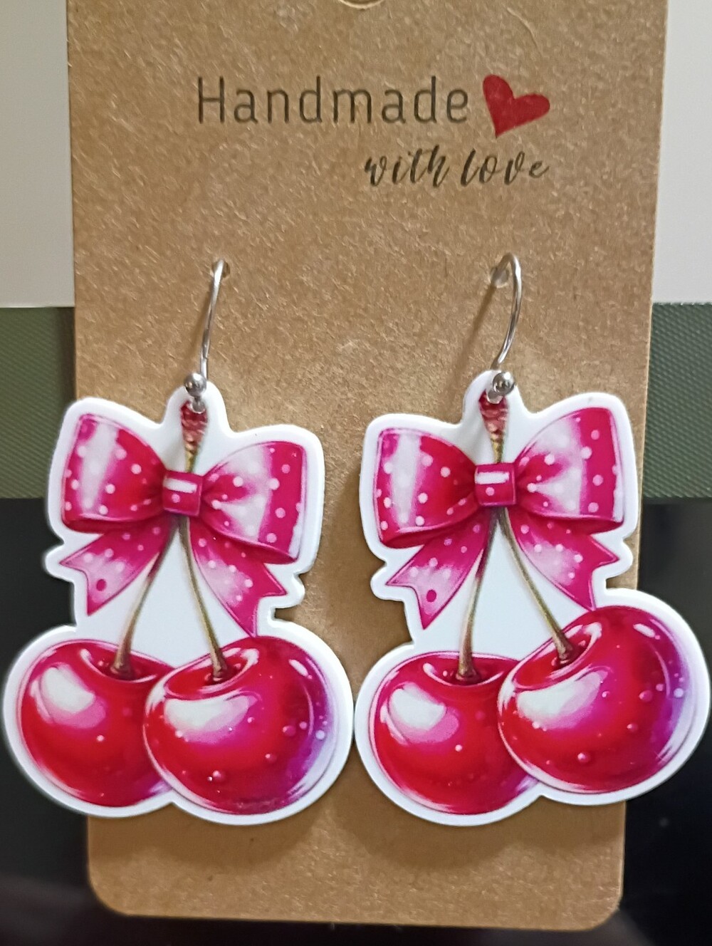 Handmade Pink Cherry Bow Fashion Earrings